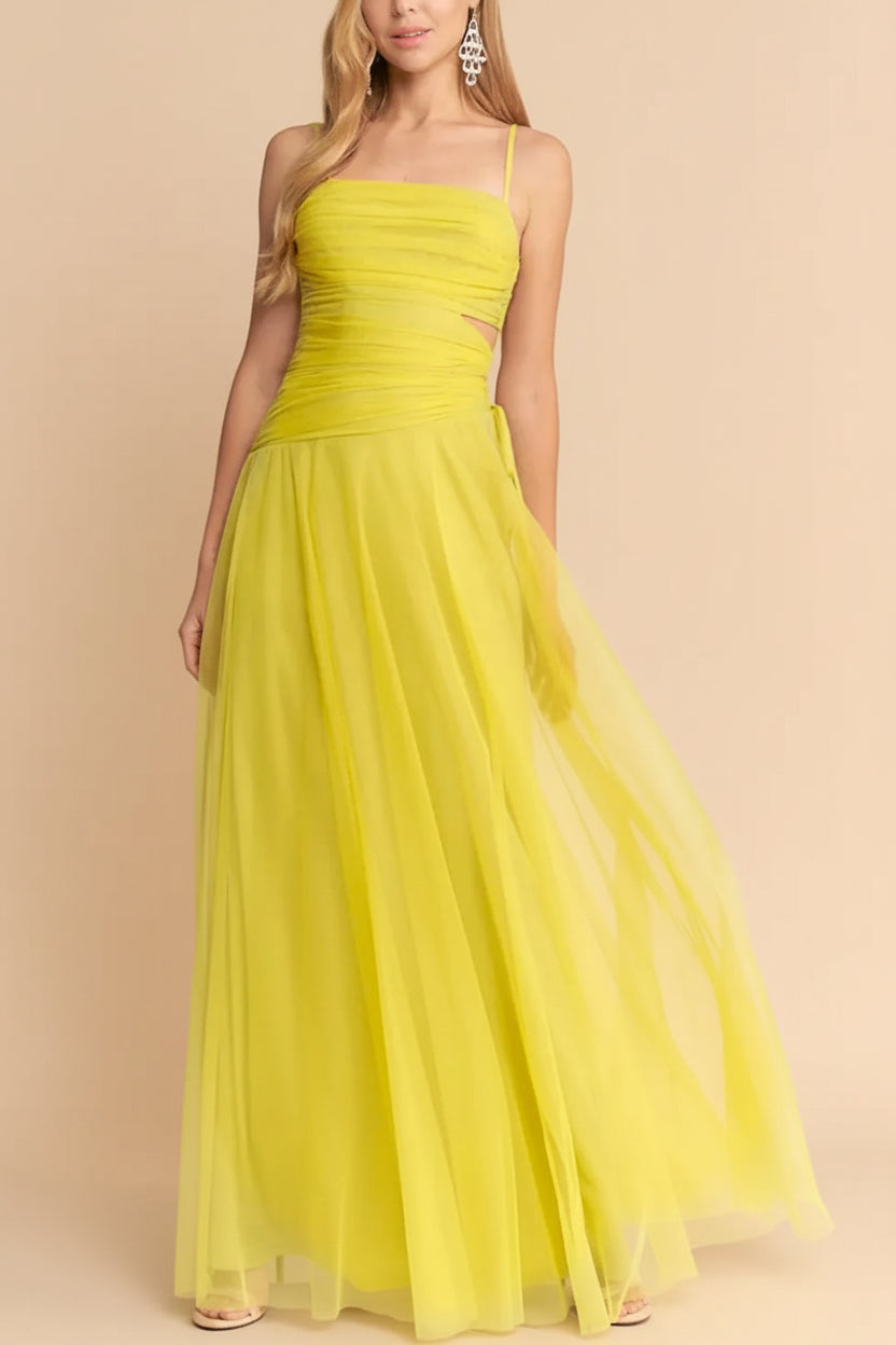 Micah Chartreuse | Tulle Maxi Dress with Ruched Bodice and Side Cutouts