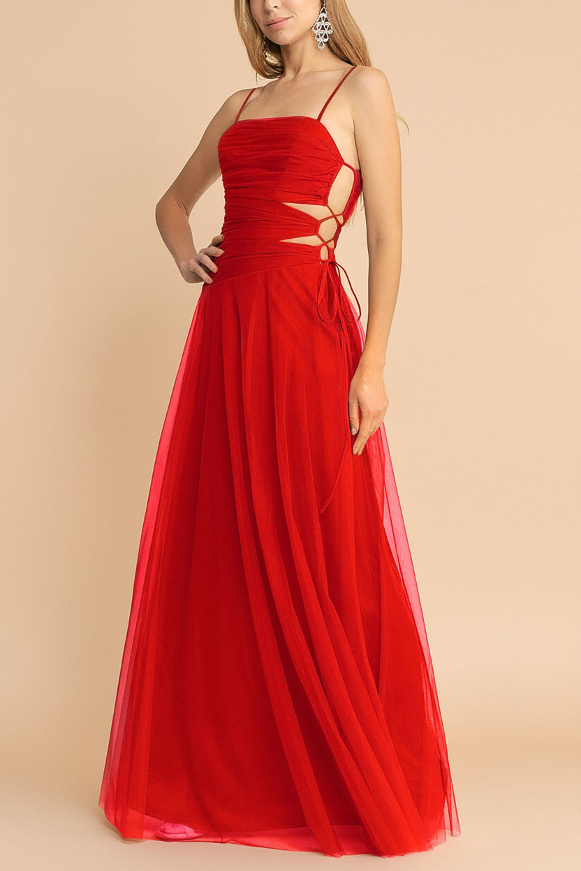 Micah Red | Tulle Maxi Dress with Ruched Bodice and Side Cutouts