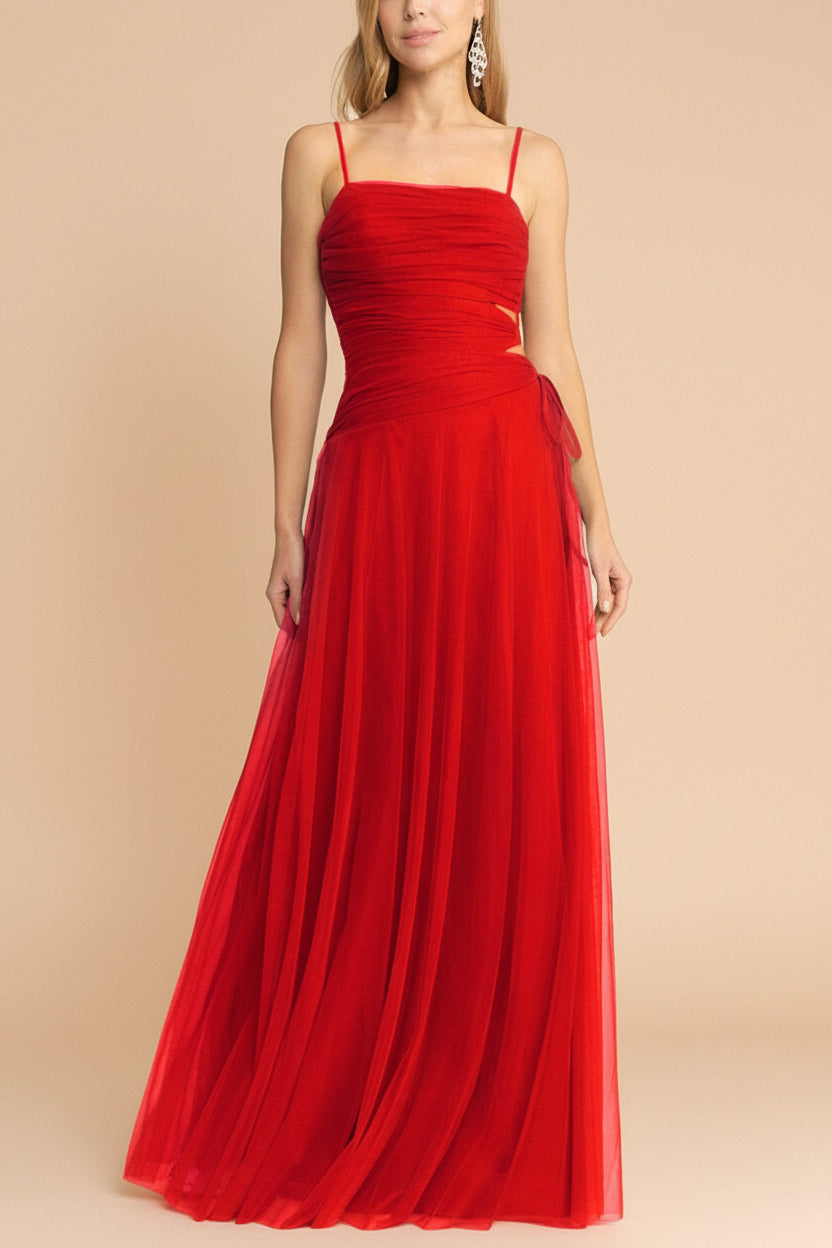 Micah Red | Tulle Maxi Dress with Ruched Bodice and Side Cutouts
