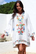 Margerie Long Sleeve Mini Dress - V-Neck Multicoloured Floral Embroidered Shift Dress in White