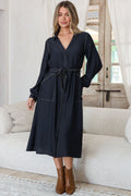 Maria Midi Dress - Wing Collar V Neck Contrast Stitch Shirt Dress with Balloon Sleeves and Belt in Indigo