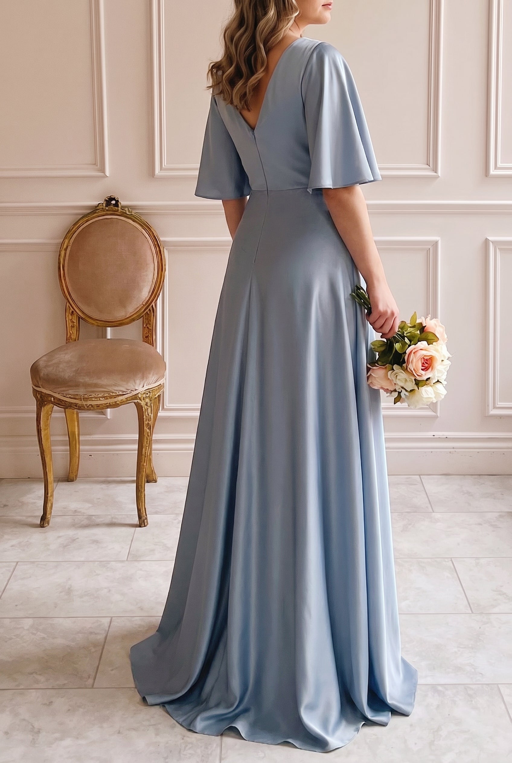 Marinella | Blue Satin Maxi Dress with Bell Sleeves