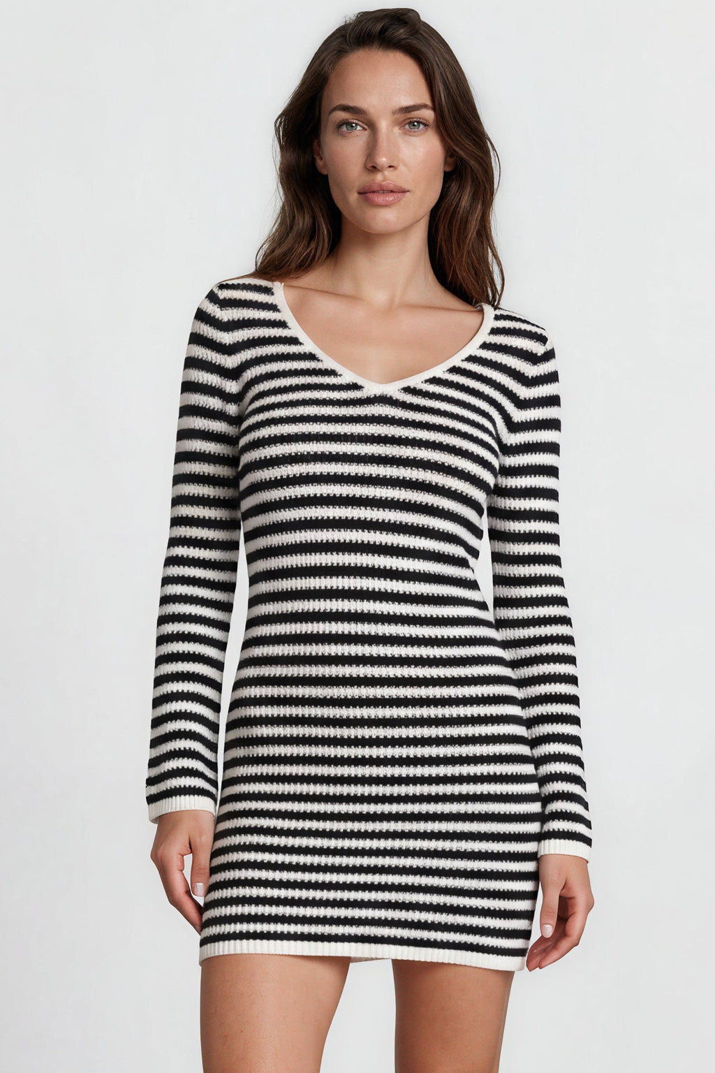 Marza Mini Dress - Long Sleeve Knit Dress with Open Back Detail with Tie Closure in Black/White