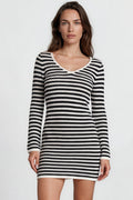 Marza Mini Dress - Long Sleeve Knit Dress with Open Back Detail with Tie Closure in Black/White