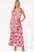 Maude Maxi Dress - Deep V-Neck Ties on Shoulders Tiered Dress in Lunie Print Red