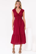 Miramar Midi Dress - V-Neck Gathered Bust Cap Sleeve Dress with Pockets in Red