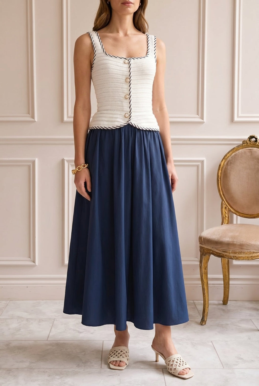Barauni | Navy Blue Maxi Dress in White Knit Top