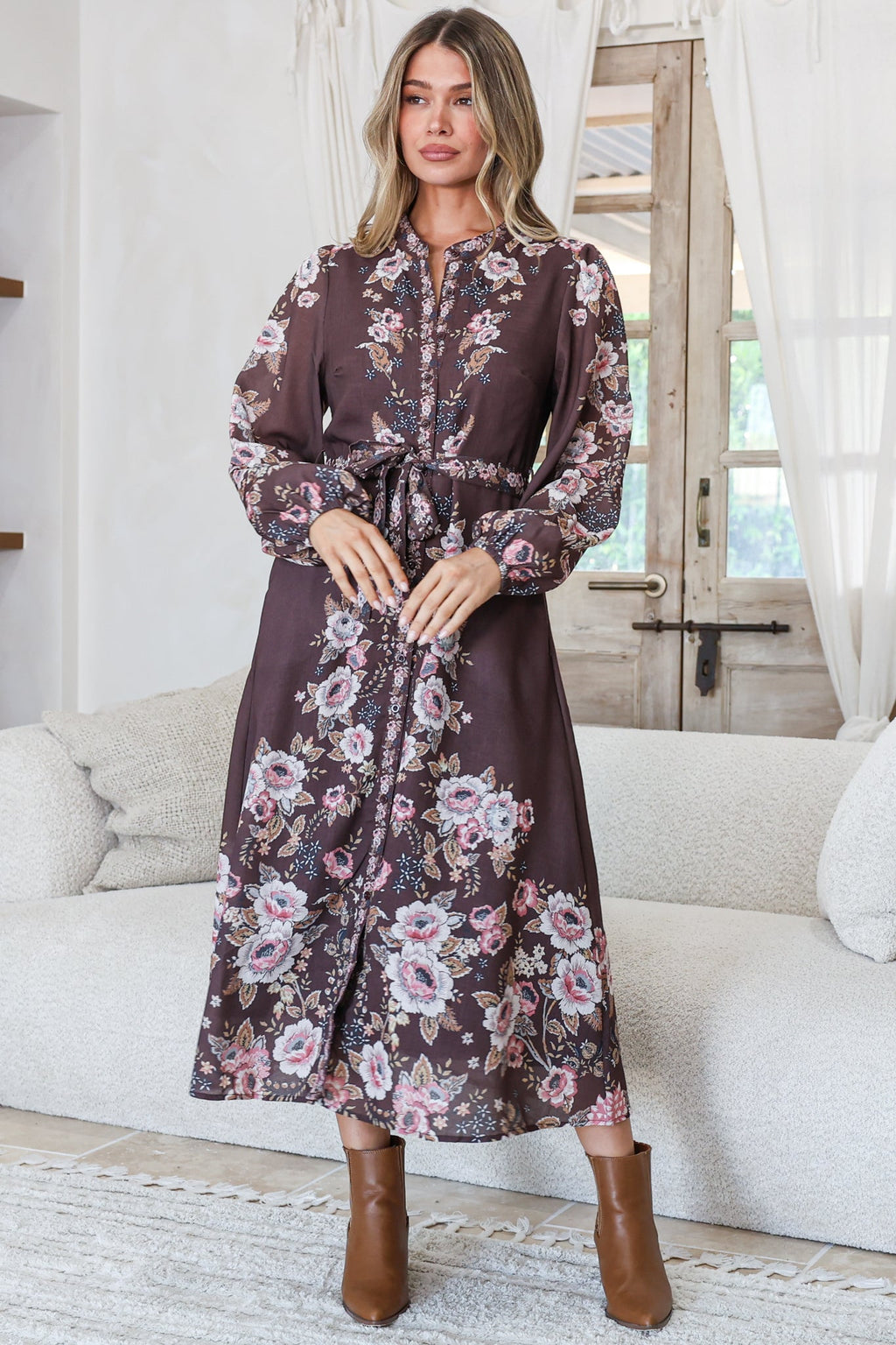 Moreana Midi Dress - Mandarin Collar Button Down Long Sleeve Dress with Belt in Fontana Print Brown