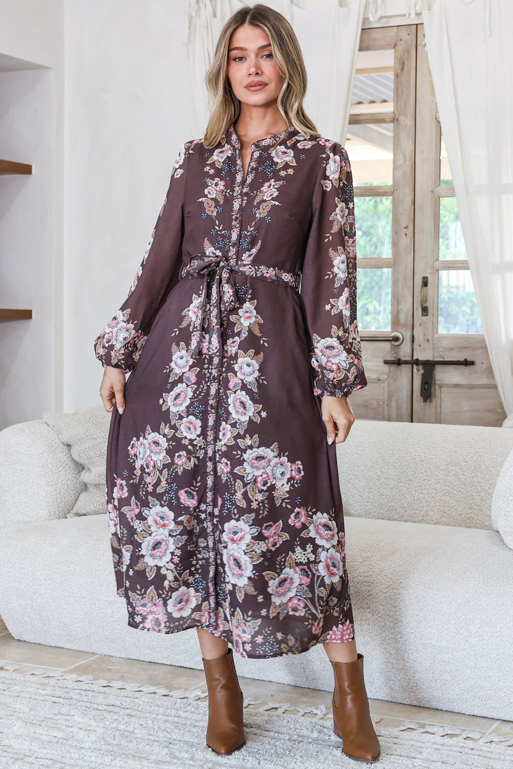 Moreana Midi Dress - Mandarin Collar Button Down Long Sleeve Dress with Belt in Fontana Print Brown