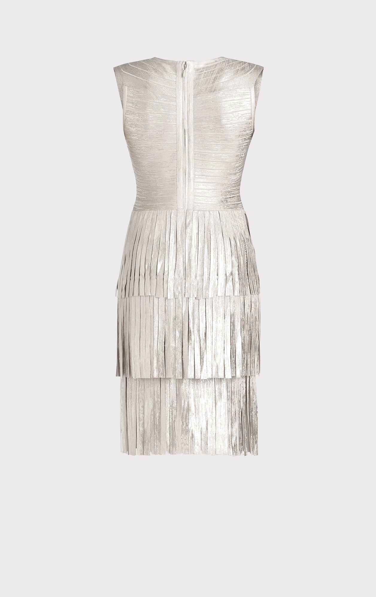 V NECK FOIL FRINGED MIDI DRESS