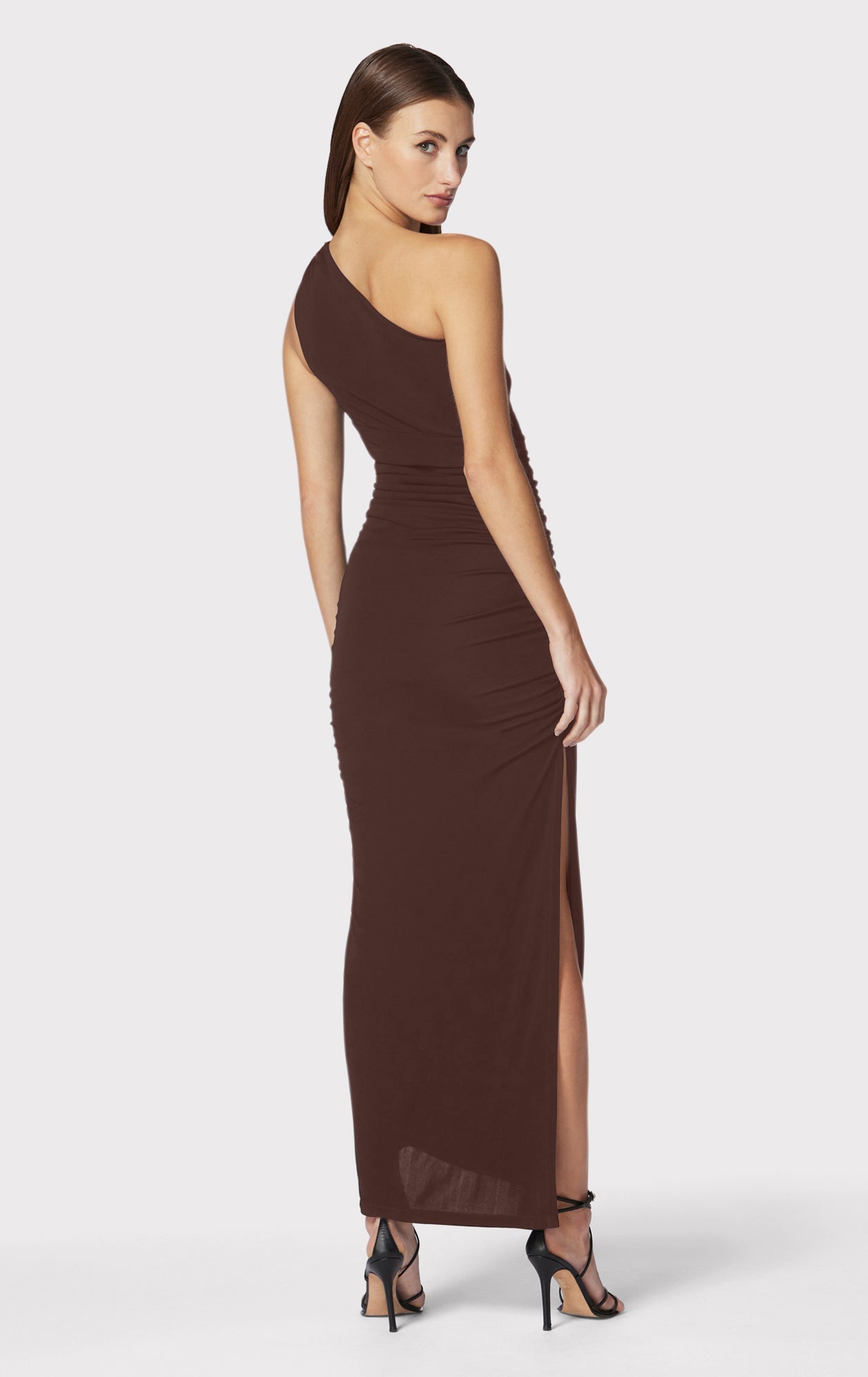 RUCHED JERSEY ONE SHOULDER MIDI DRESS