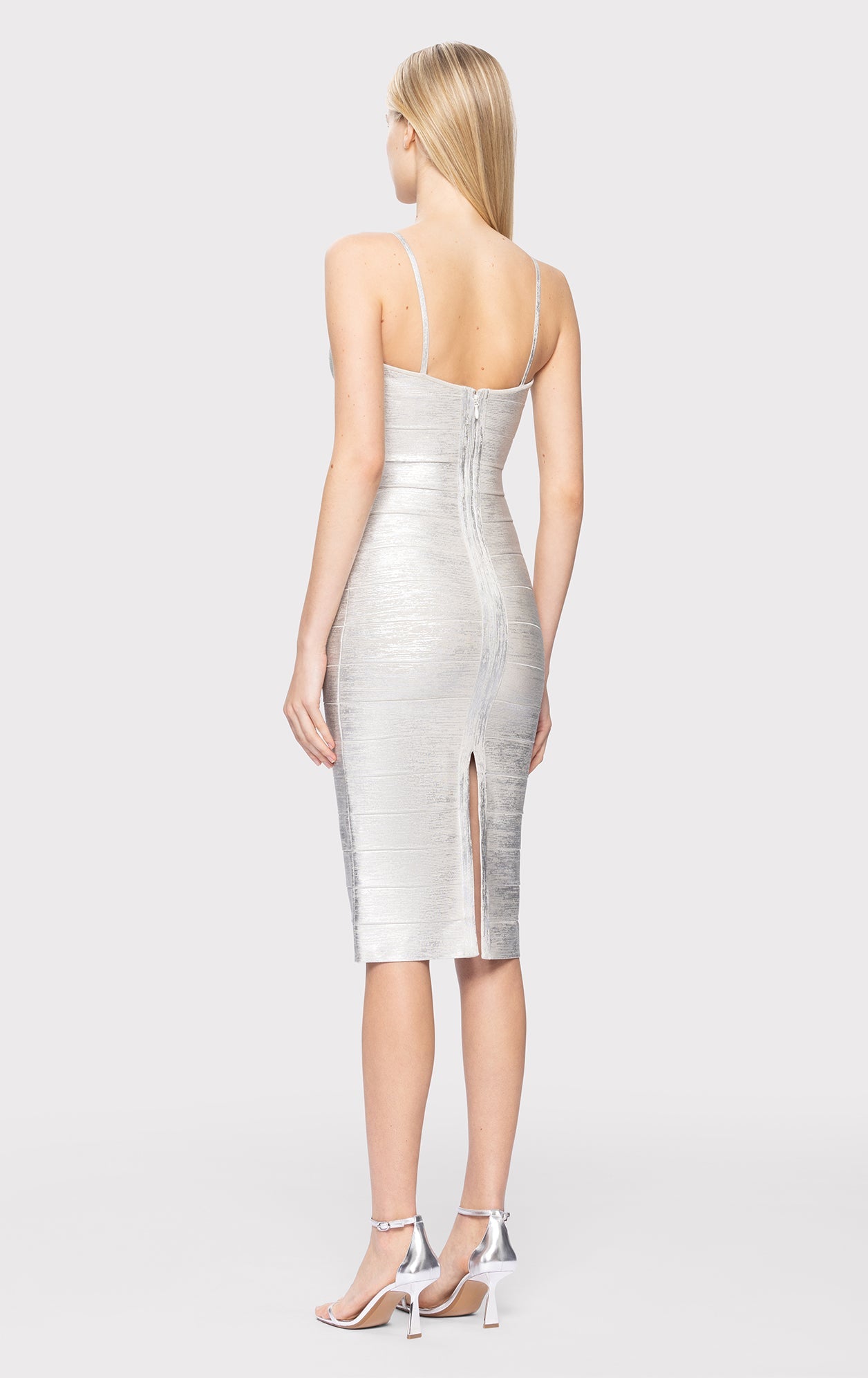 FOIL STRAPPY SWEETHEART MIDI DRESS