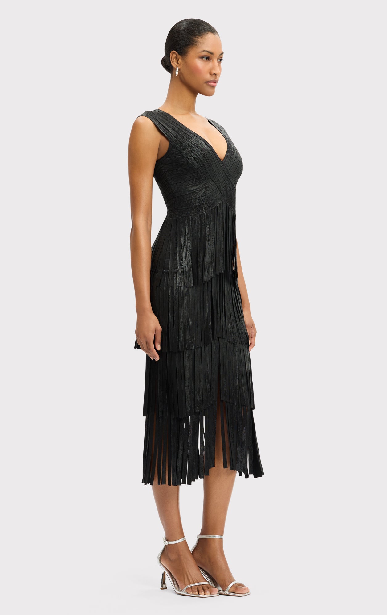 V NECK FOIL FRINGE MIDI DRESS