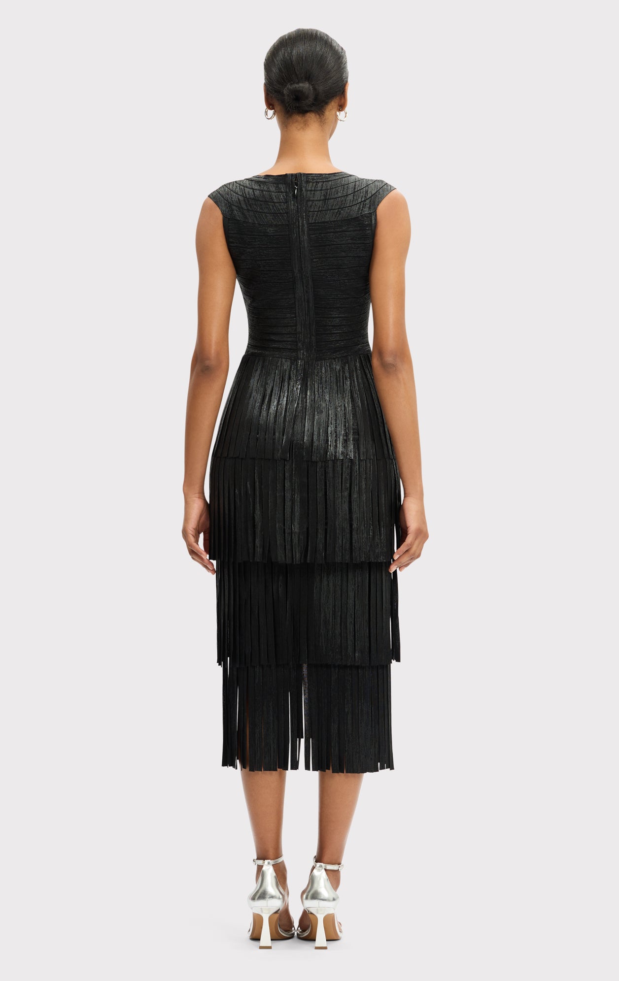 V NECK FOIL FRINGE MIDI DRESS