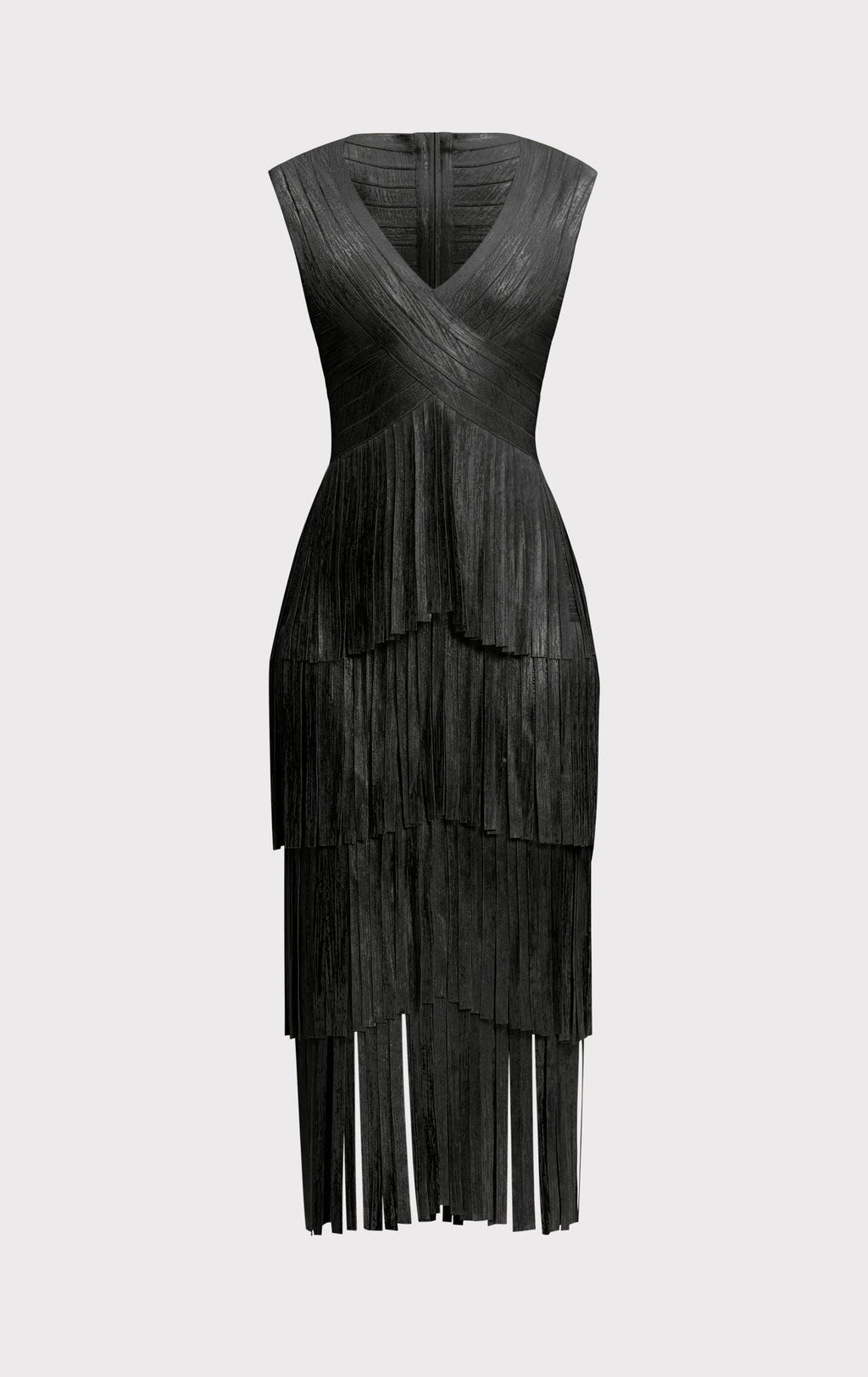 V NECK FOIL FRINGE MIDI DRESS