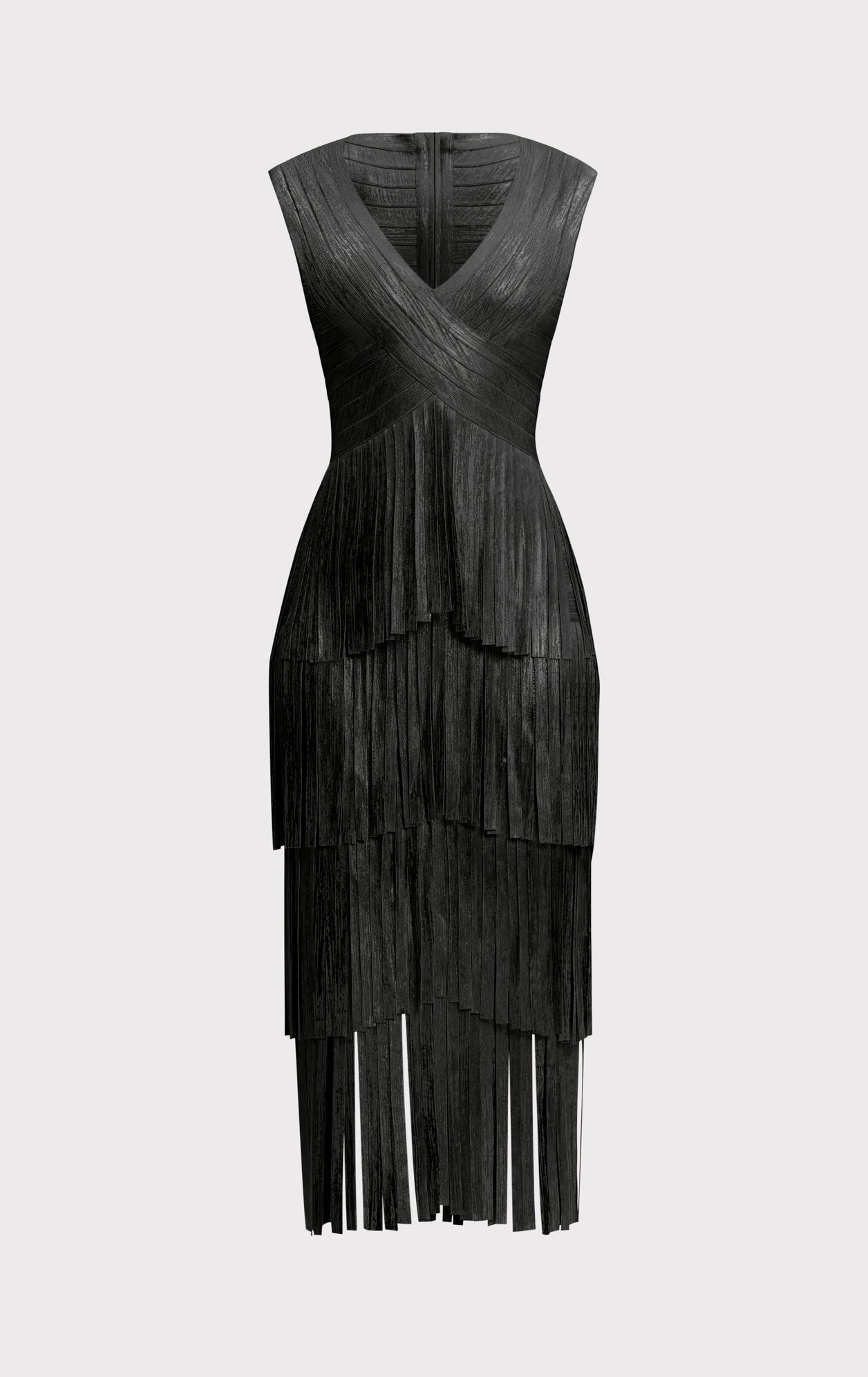 V NECK FOIL FRINGE MIDI DRESS