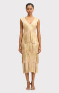 V NECK FOIL FRINGE MIDI DRESS