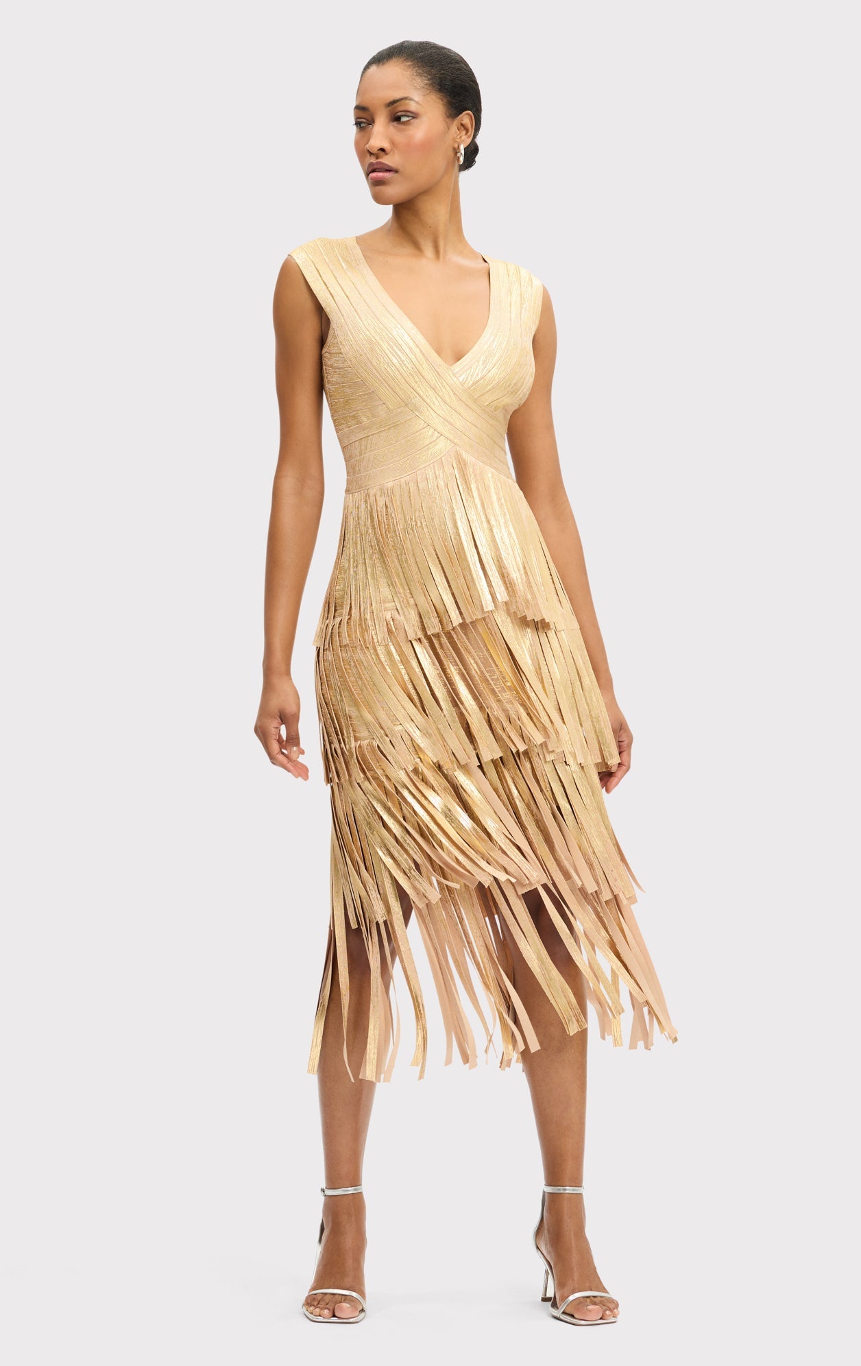 V NECK FOIL FRINGE MIDI DRESS