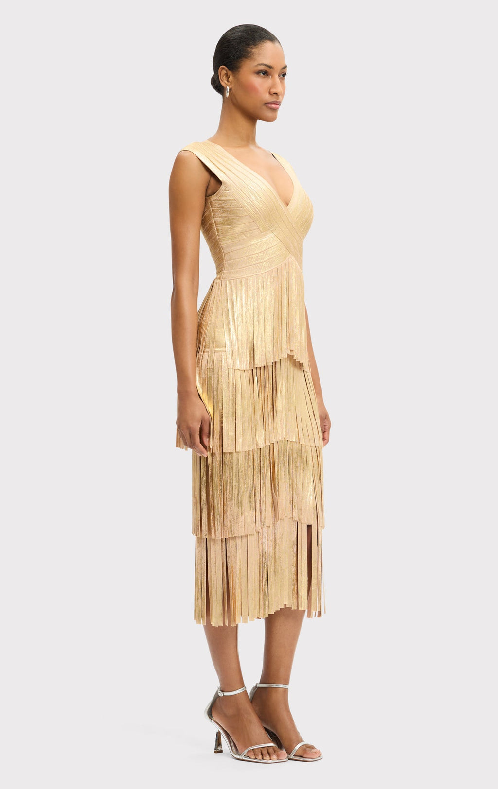 V NECK FOIL FRINGE MIDI DRESS