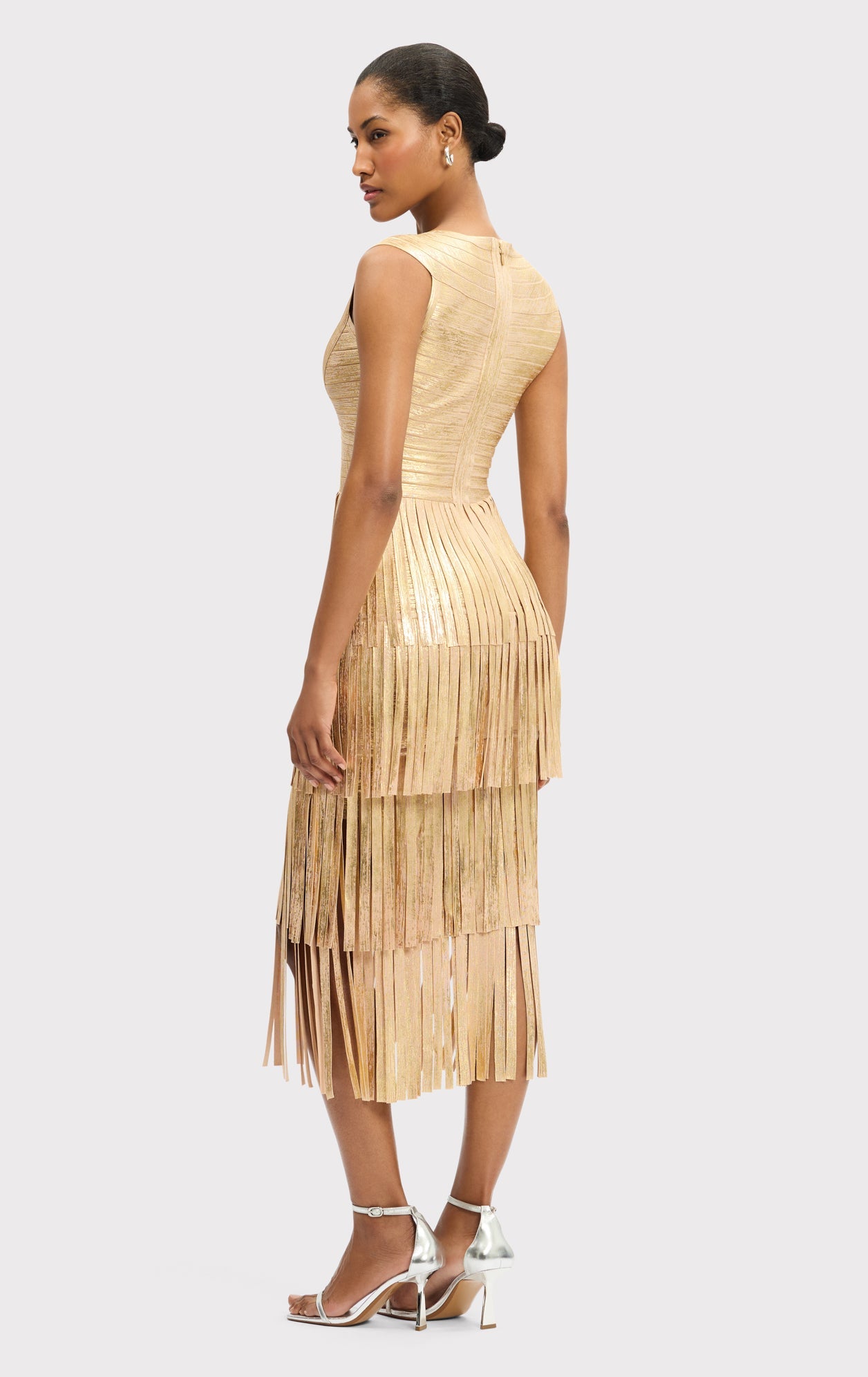 V NECK FOIL FRINGE MIDI DRESS