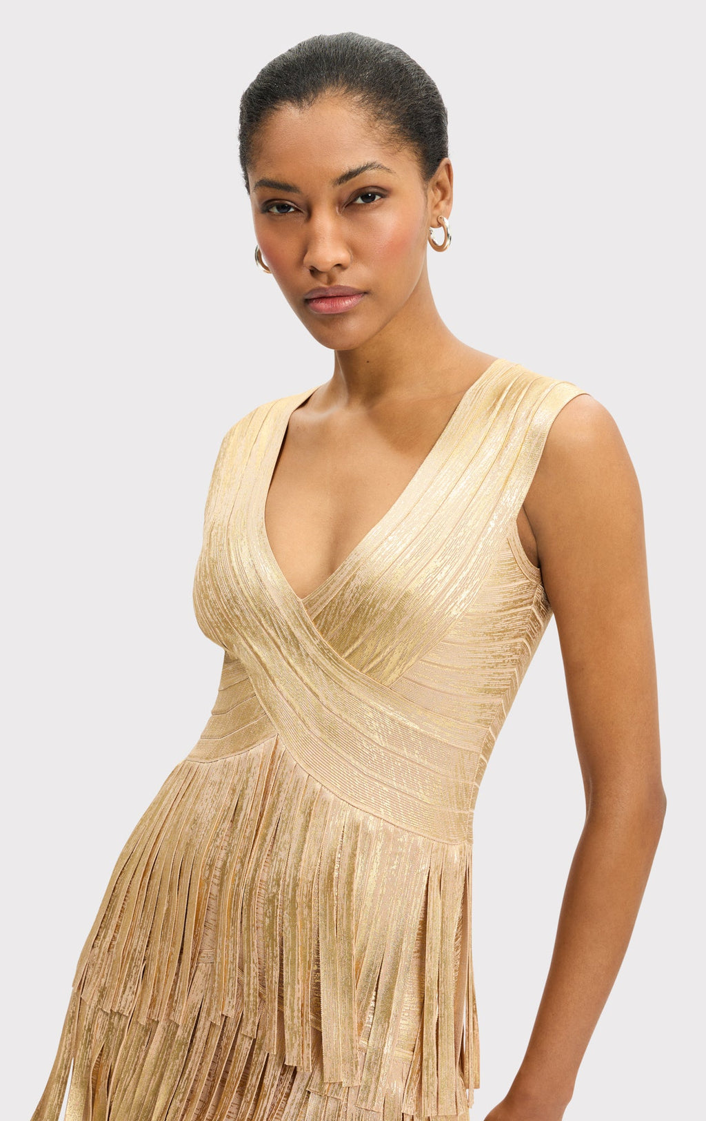 V NECK FOIL FRINGE MIDI DRESS