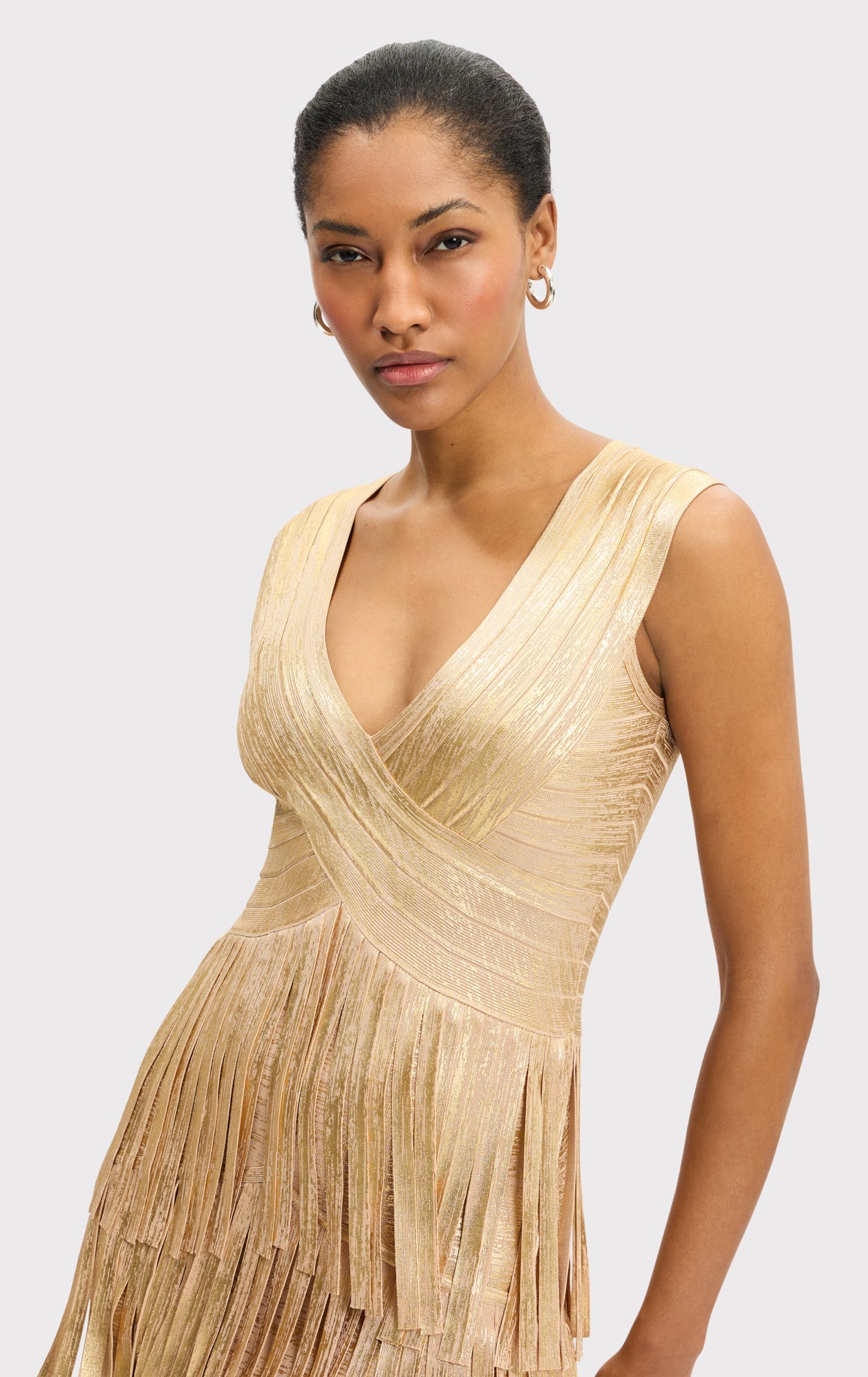 V NECK FOIL FRINGE MIDI DRESS