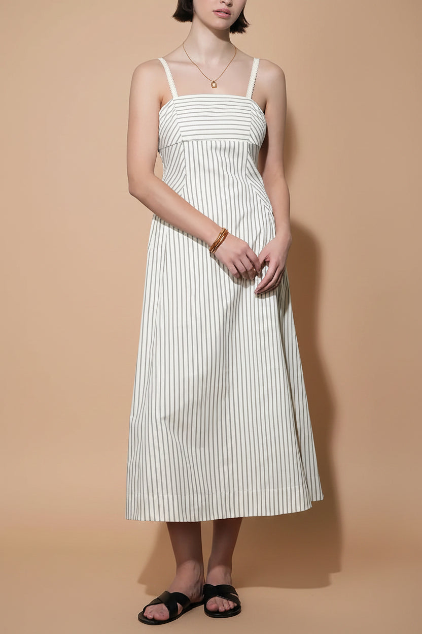 Palashi | Ivory Striped Sleeveless Midi Dress with Pockets