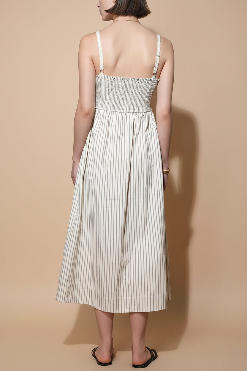 Palashi | Ivory Striped Sleeveless Midi Dress with Pockets