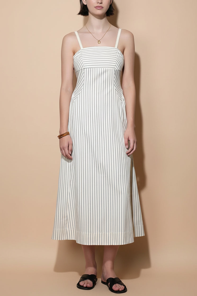 Palashi | Ivory Striped Sleeveless Midi Dress with Pockets