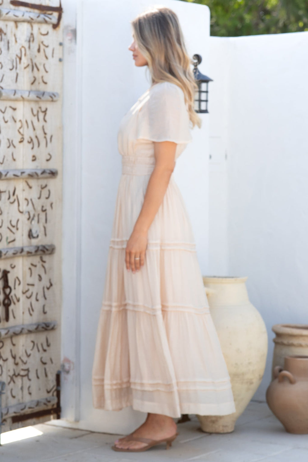 Payton Maxi Dress - Pleat Detailed A-Line Dress with Cap Flutter Sleeves in Beige