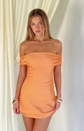 Primrose Orange Satin Off the Shoulder Mini Dress