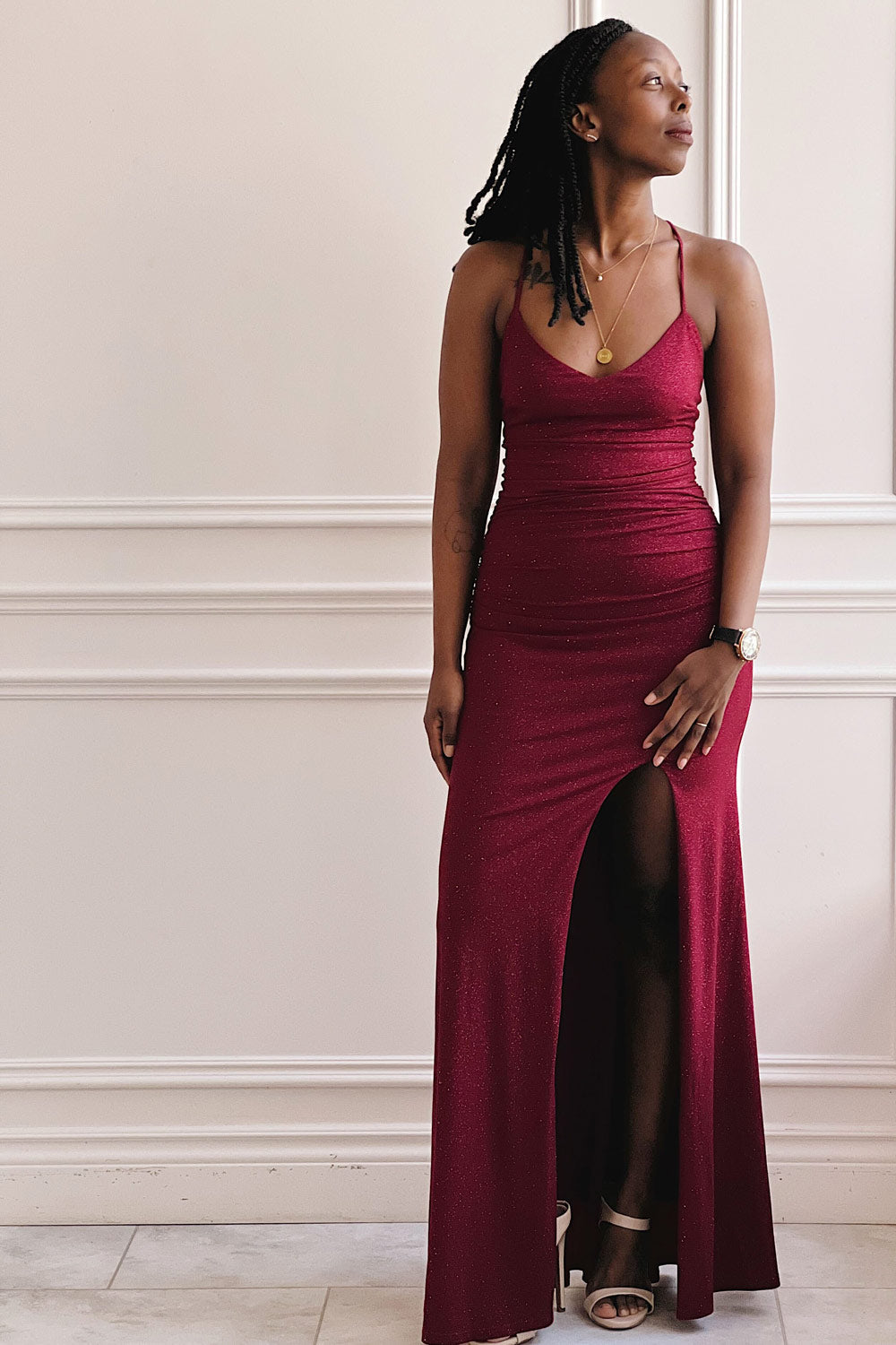 Samira Burgundy | Sparkly Mermaid Maxi Dress with Slit