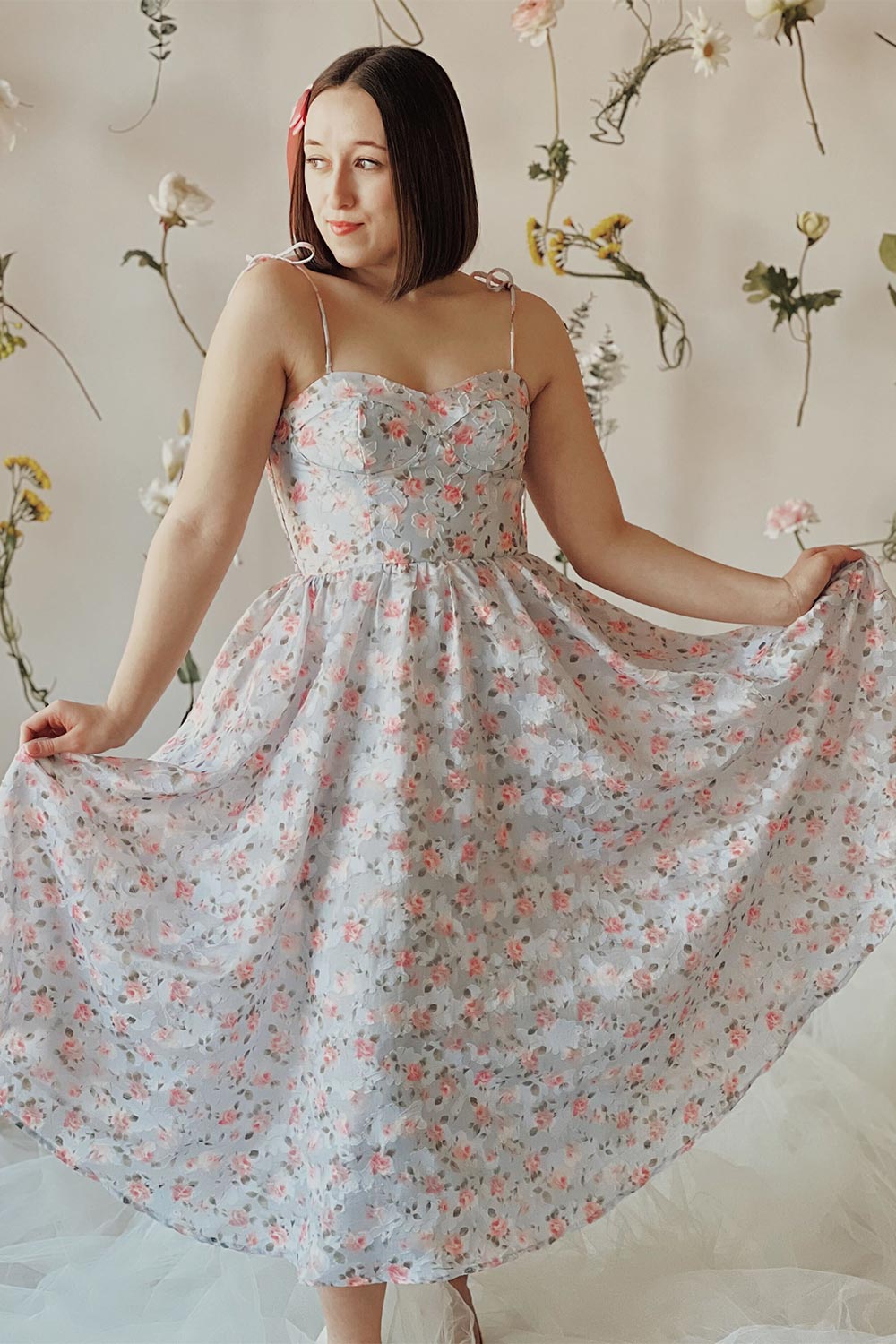 Saphira | Blue Bustier Floral Midi Dress