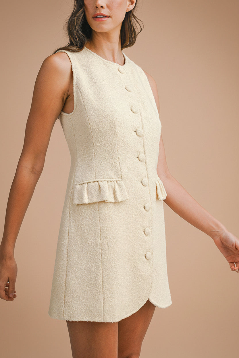 Rosamund | Short Ivory Button-Up Tweed Dress with Pockets