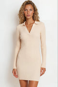 Rhode Mini Dress - Wing Collar Ribbed V Neck Knit Dress in Beige