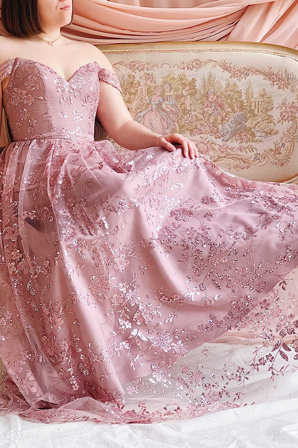 Alienor Mauve | Glittery Off the Shoulder Mesh Maxi Dress