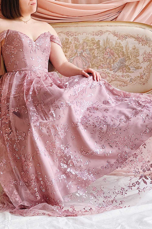 Alienor Mauve | Glittery Off the Shoulder Mesh Maxi Dress