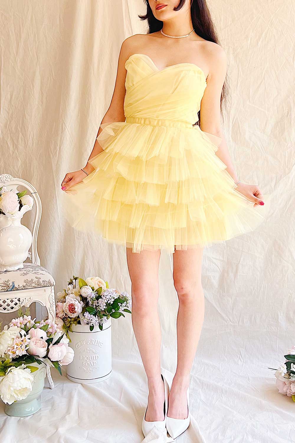 Myrah Yellow | Strapless Tiered Tulle Short Dress
