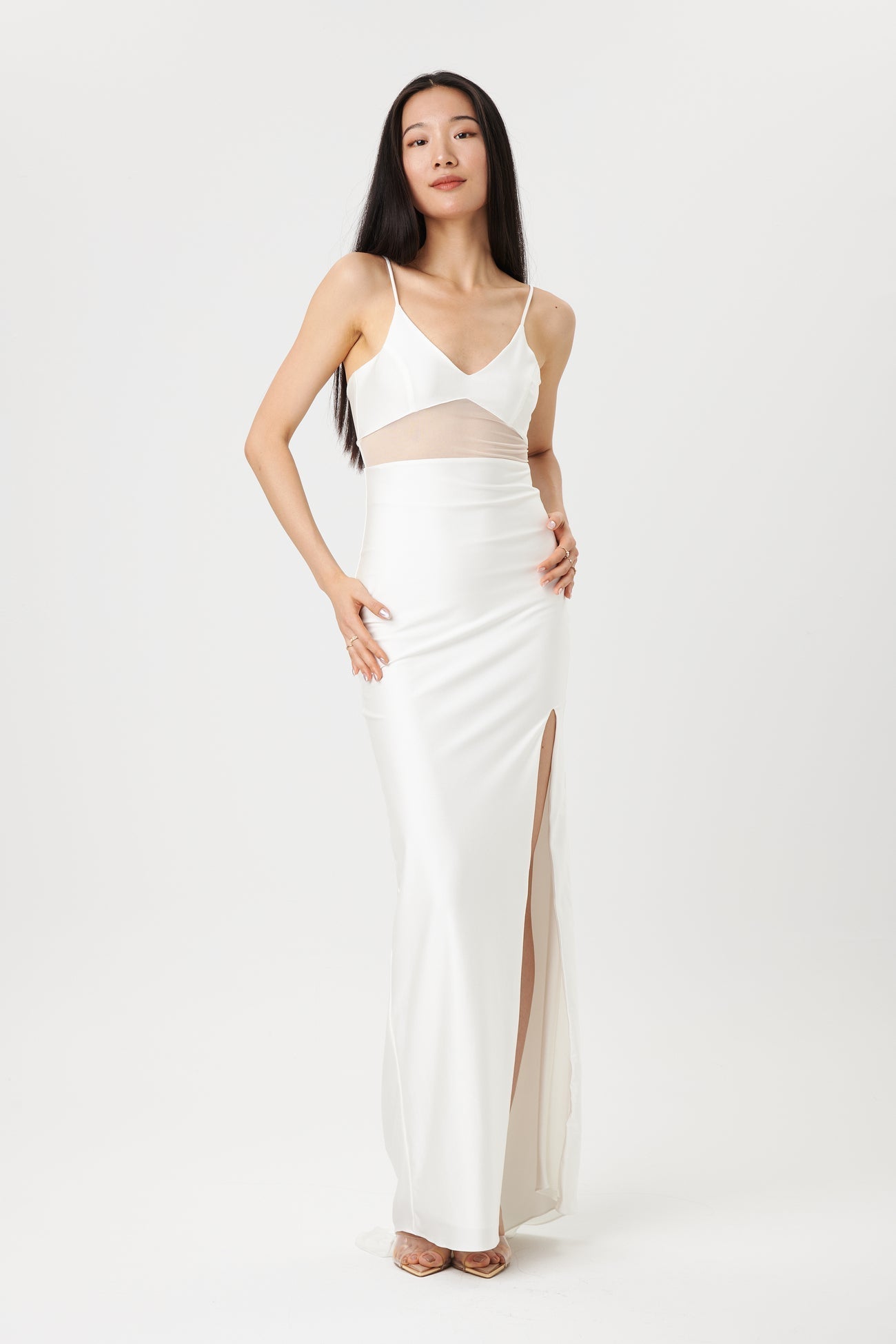 Angelina Ivory | Maxi Dress with Mesh Underbust and Slit by Arti Gogna