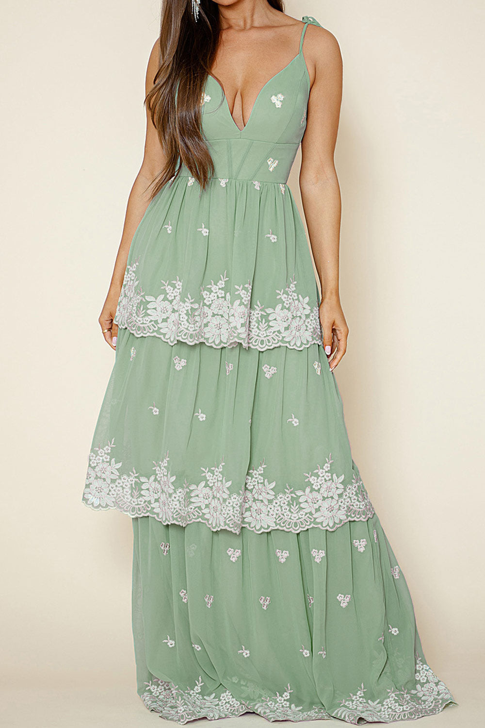 Taliana Sage | Chiffon Maxi Dress w/ Floral Embroidery