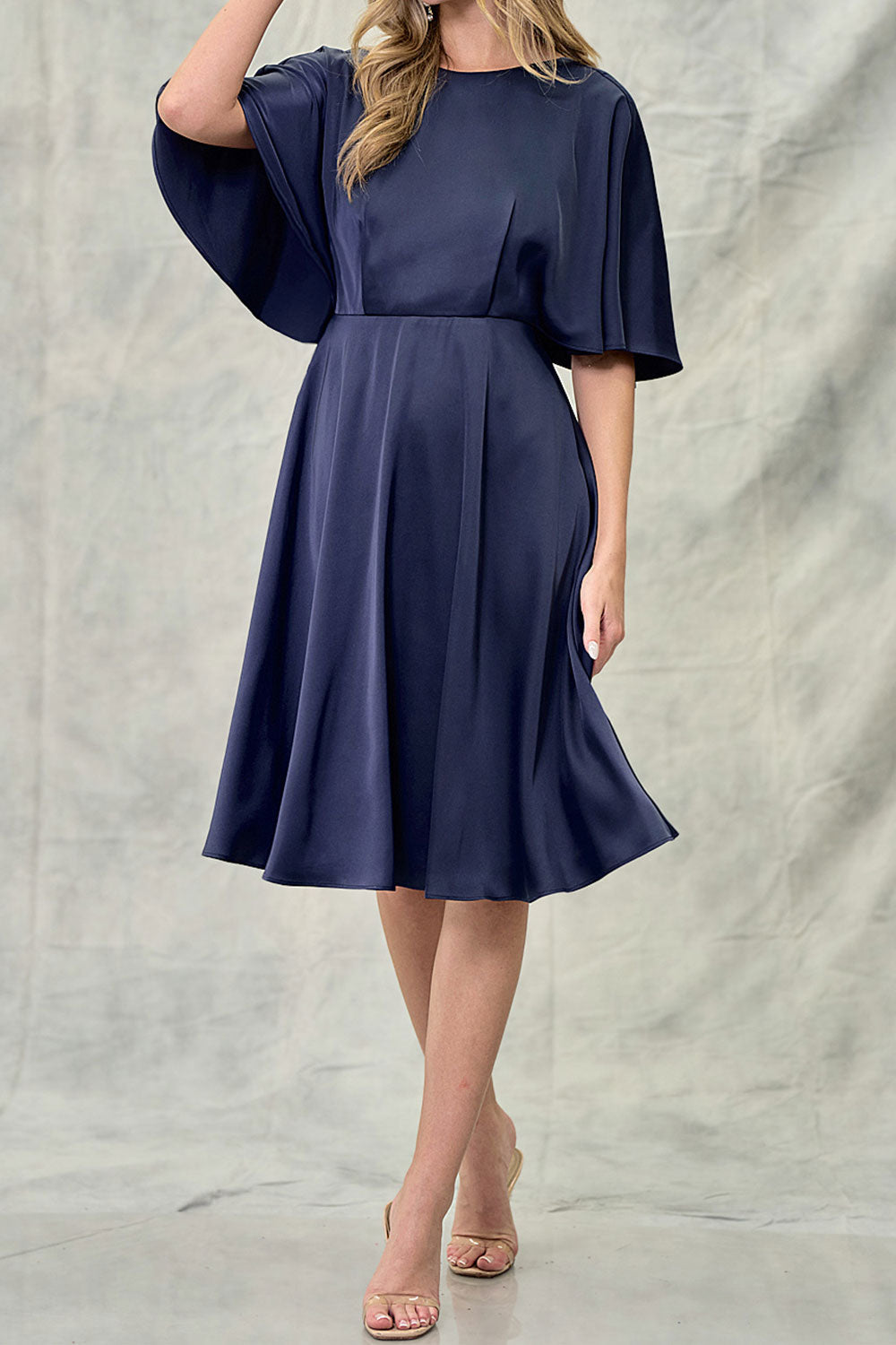 Tordis Navy | Satin Midi Dress w/ Bell Sleeves