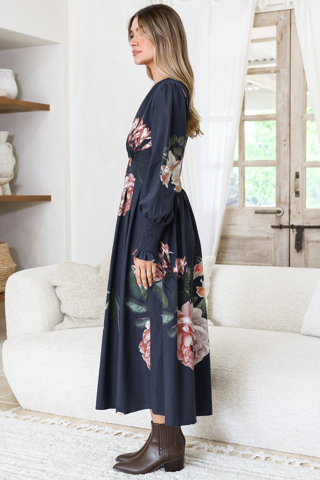 Romaine Midi Dress - V Neck Balloon Sleeve Dress with Shirred Elasticated Cuffs in Mika Print Navy