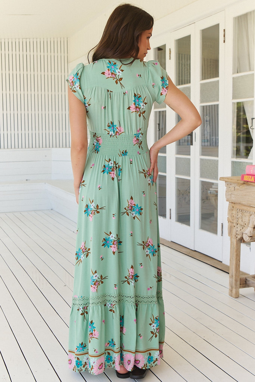 JAASE - Romi Maxi Dress: Button Down Cap Sleeve Dress with Waist Tie in Maribel Print