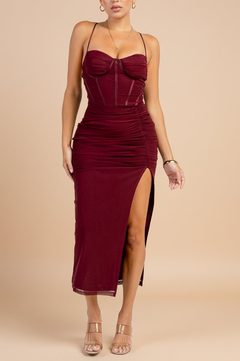 Safietou | Burgundy Corset Style Midi Dress with Slit