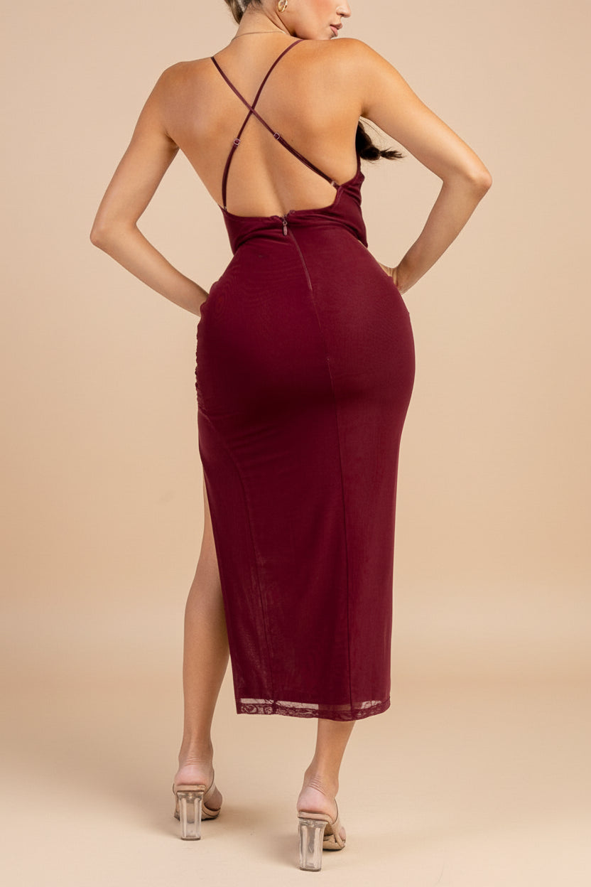 Safietou | Burgundy Corset Style Midi Dress with Slit