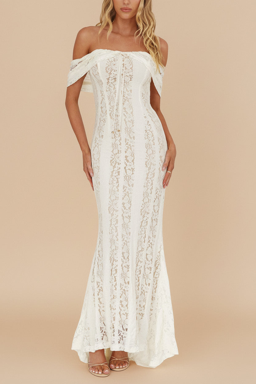 Sangaya | Off-Shoulder Cream Lace Maxi Wedding Dress