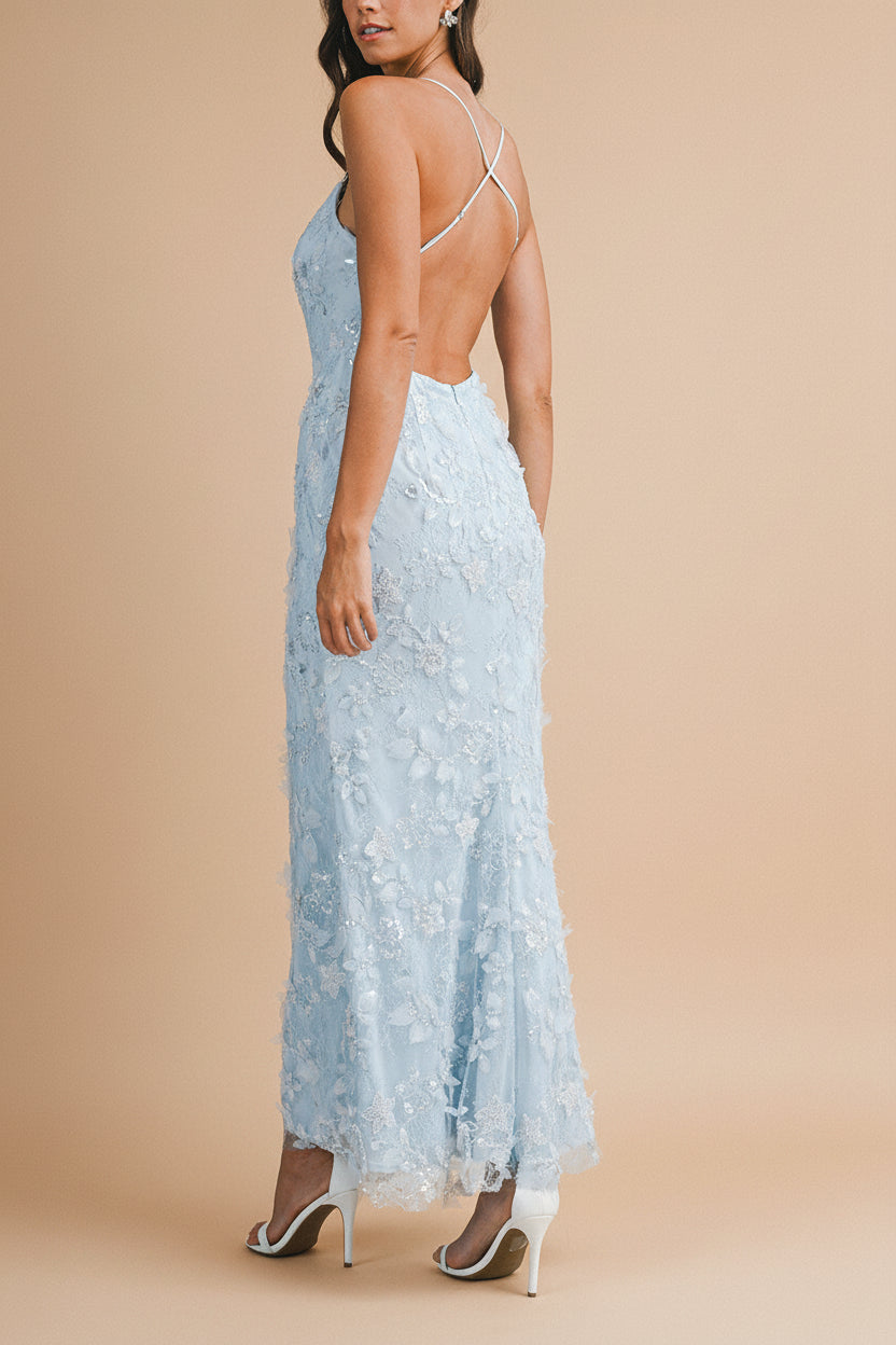 Sahida Blue | Lace Maxi Dress with Floral Appliqués