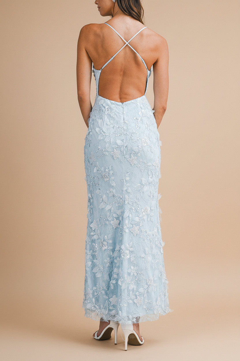 Sahida Blue | Lace Maxi Dress with Floral Appliqués