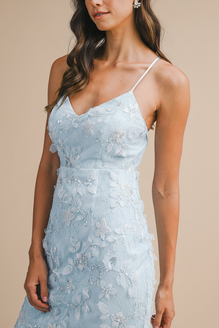 Sahida Blue | Lace Maxi Dress with Floral Appliqués