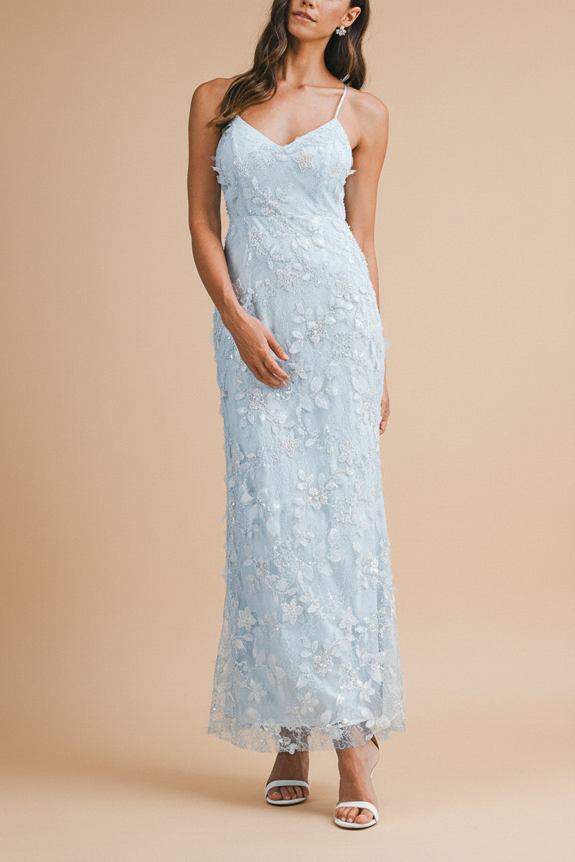 Sahida Blue | Lace Maxi Dress with Floral Appliqués